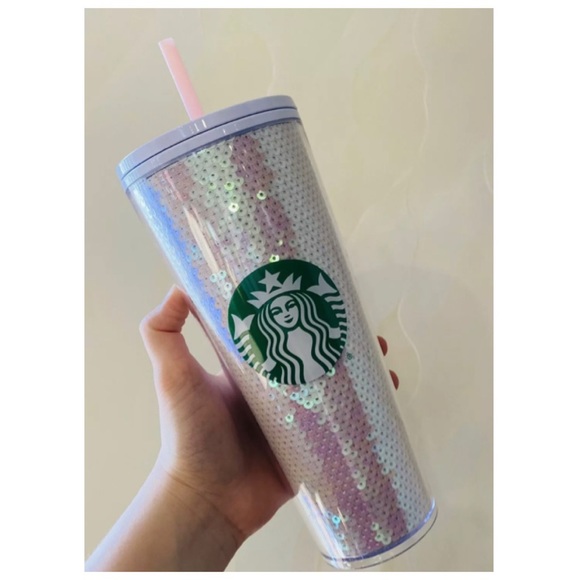 Starbucks Light White Pink Sequins Cold Cup Venti Tumbler 24oz